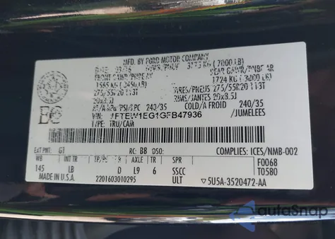 2016 Ford F-150 Lariat z USA, uszkodzony, nr VIN 1FTEW1EG1GFB47936